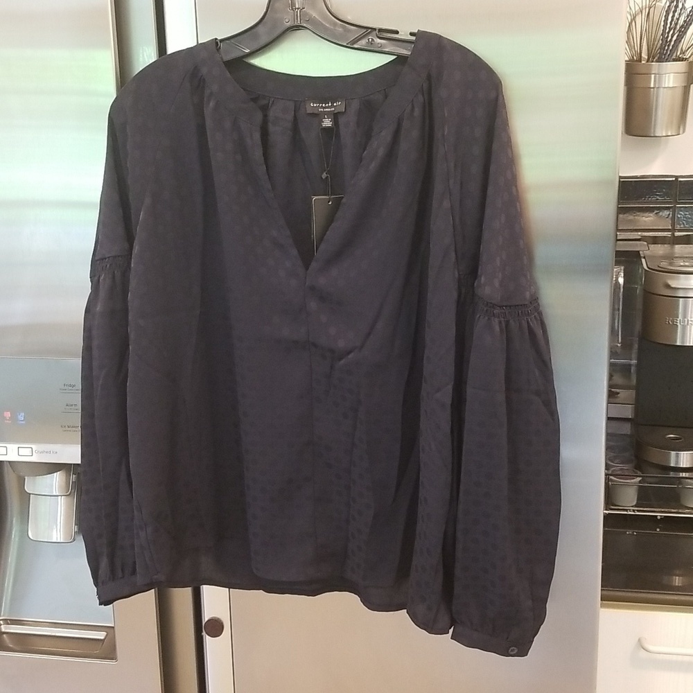 💕CURRENT AIR💕 Jaquard Baloon Sleeve Blouse ~ Navy Blue Dot Print Large L NWT